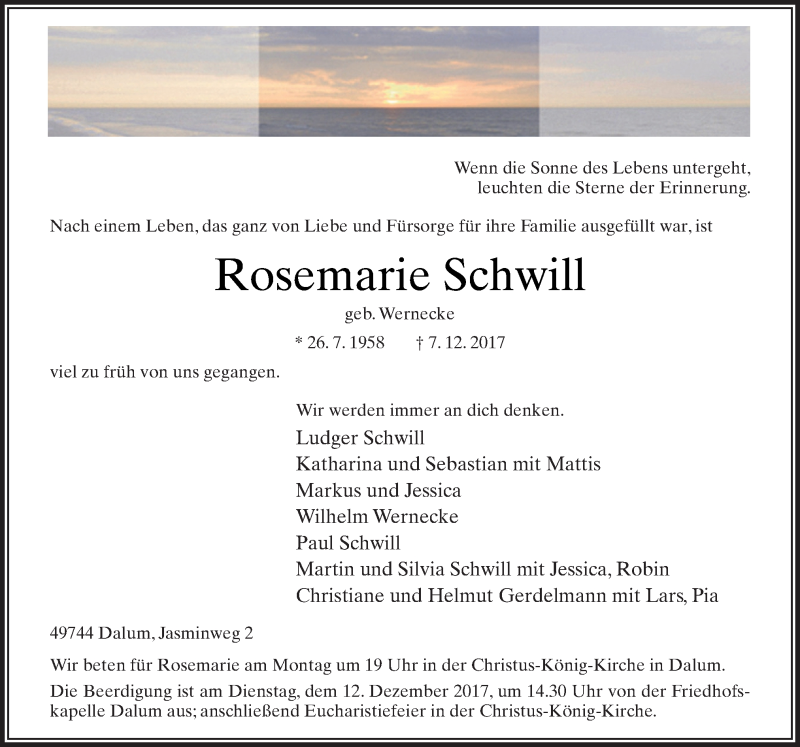  Traueranzeige für Rosemarie Schwill vom 09.12.2017 aus Neue Osnabrücker Zeitung GmbH & Co. KG