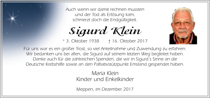  Traueranzeige für Sigurd Klein vom 02.12.2017 aus Neue Osnabrücker Zeitung GmbH & Co. KG