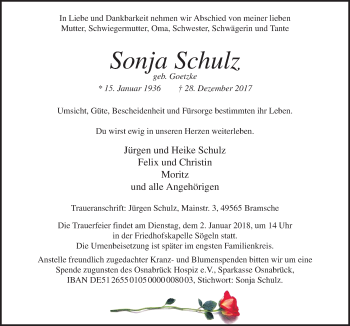 Traueranzeige von Sonja Schulz von Neue Osnabrücker Zeitung GmbH & Co. KG