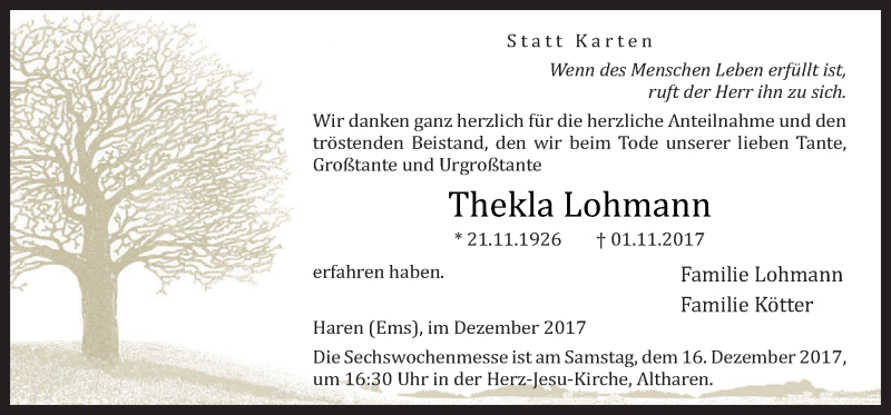  Traueranzeige für Thekla Lohmann vom 13.12.2017 aus Neue Osnabrücker Zeitung GmbH & Co. KG