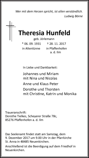 Traueranzeige von Theresia Hunfeld von Neue Osnabrücker Zeitung GmbH & Co. KG