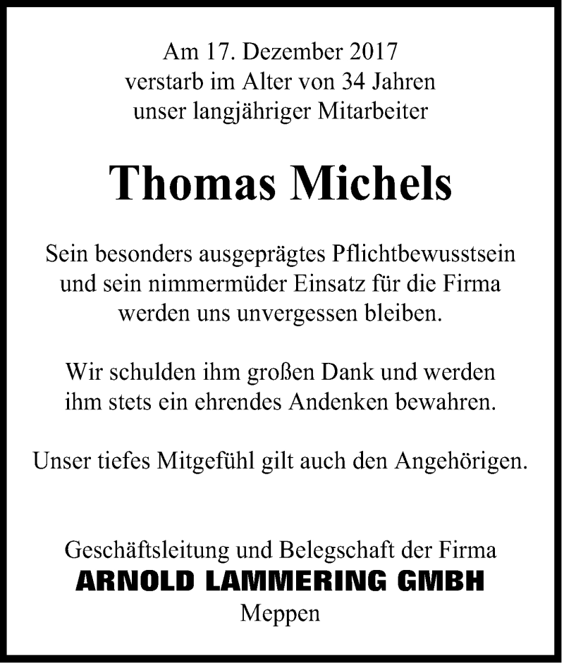  Traueranzeige für Thomas Michels vom 20.12.2017 aus Neue Osnabrücker Zeitung GmbH & Co. KG