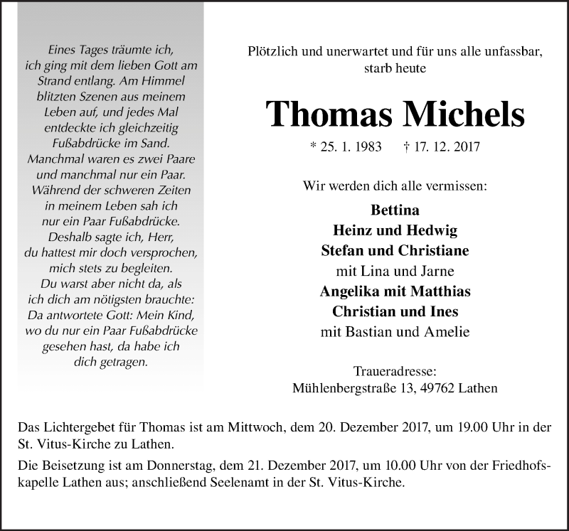  Traueranzeige für Thomas Michels vom 19.12.2017 aus Neue Osnabrücker Zeitung GmbH & Co. KG