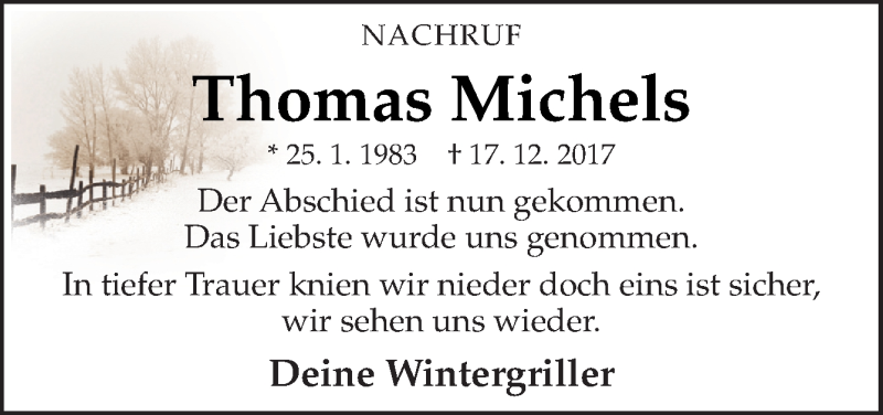  Traueranzeige für Thomas Michels vom 20.12.2017 aus Neue Osnabrücker Zeitung GmbH & Co. KG