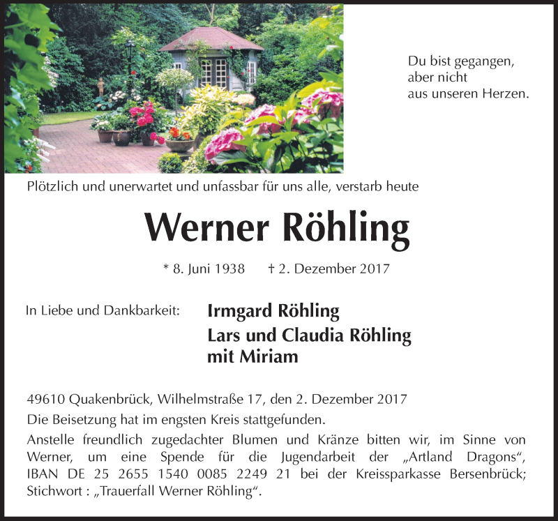  Traueranzeige für Werner Röhling vom 09.12.2017 aus Neue Osnabrücker Zeitung GmbH & Co. KG