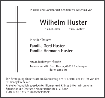 Traueranzeige von Wilhelm Huster von Neue Osnabrücker Zeitung GmbH & Co. KG