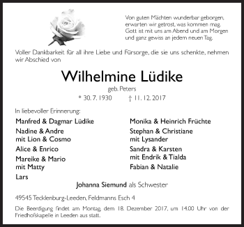 Traueranzeige von Wilhelmine Lüdike von Neue Osnabrücker Zeitung GmbH & Co. KG