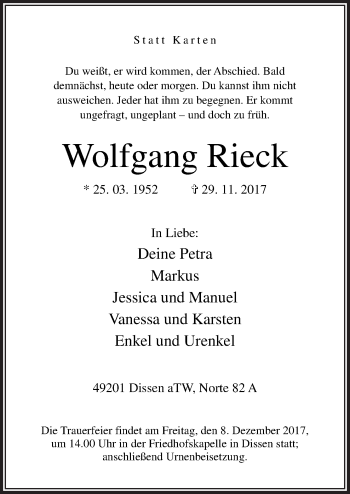 Traueranzeige von Wolfgang Rieck von Neue Osnabrücker Zeitung GmbH & Co. KG