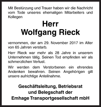 Traueranzeige von Wolfgang Rieck von Neue Osnabrücker Zeitung GmbH & Co. KG