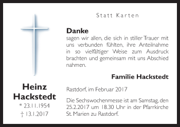 Traueranzeige von Heinz Hackstedt von Neue Osnabrücker Zeitung GmbH & Co. KG