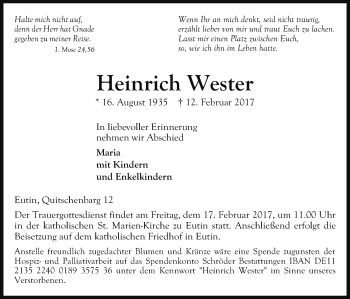 Traueranzeige von Heinrich Wester von Neue Osnabrücker Zeitung GmbH & Co. KG