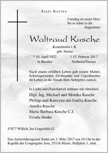 Traueranzeige von Waltraud Kusche von Neue Osnabrücker Zeitung GmbH & Co. KG