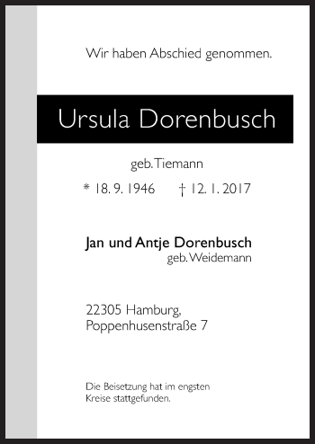 Traueranzeige von Ursula Dorenbusch von Neue Osnabrücker Zeitung GmbH & Co. KG