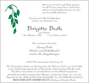 Traueranzeige von Brigitte Buth von Neue Osnabrücker Zeitung GmbH & Co. KG