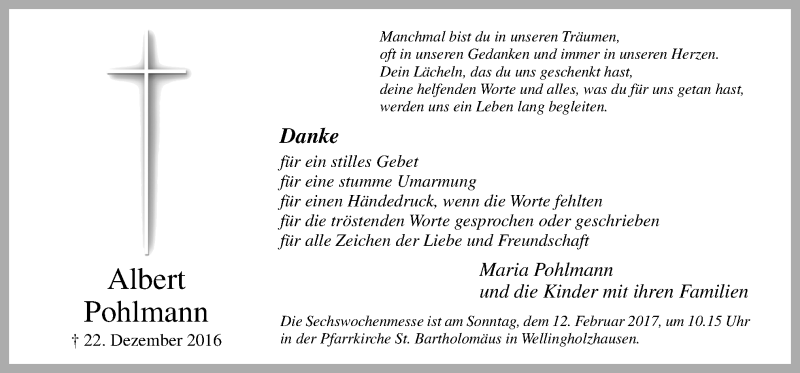  Traueranzeige für Albert Pohlmann vom 04.02.2017 aus Neue Osnabrücker Zeitung GmbH & Co. KG