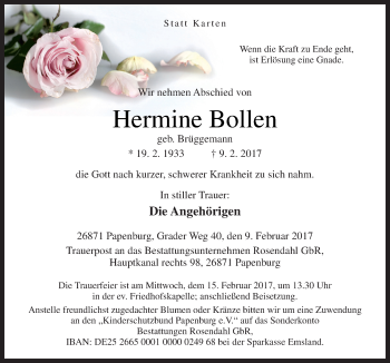 Traueranzeige von Hermine Bollen von Neue Osnabrücker Zeitung GmbH & Co. KG