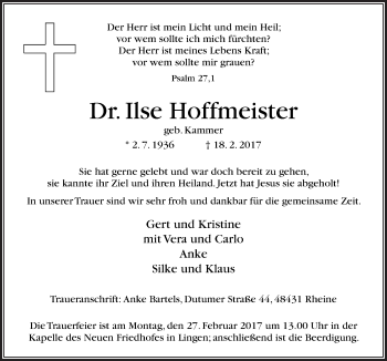 Traueranzeige von Ilse Hoffmeister von Neue Osnabrücker Zeitung GmbH & Co. KG
