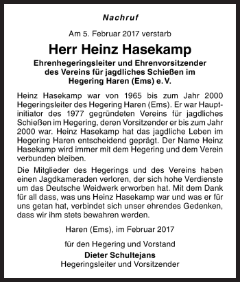 Traueranzeige von Heinz Hasekamp von Neue Osnabrücker Zeitung GmbH & Co. KG