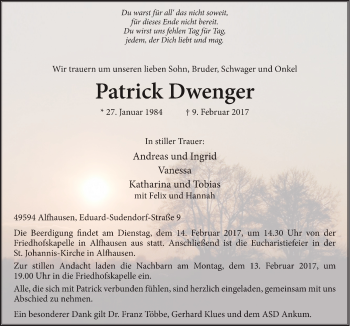 Traueranzeige von Patrick Dwenger von Neue Osnabrücker Zeitung GmbH & Co. KG