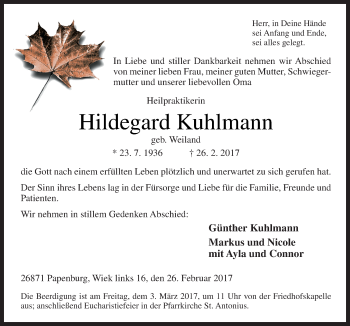 Traueranzeige von Hildegard Kuhlmann von Neue Osnabrücker Zeitung GmbH & Co. KG