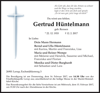 Traueranzeige von Gertrud Hüntelmann von Neue Osnabrücker Zeitung GmbH & Co. KG