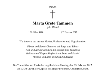 Traueranzeige von Marta Grete Tammen von Neue Osnabrücker Zeitung GmbH & Co. KG