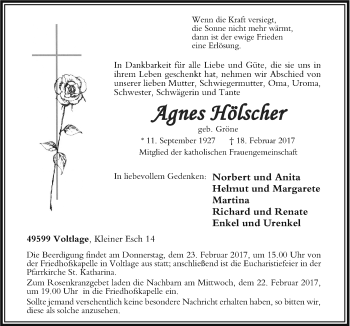 Traueranzeige von Agnes Hölscher von Neue Osnabrücker Zeitung GmbH & Co. KG