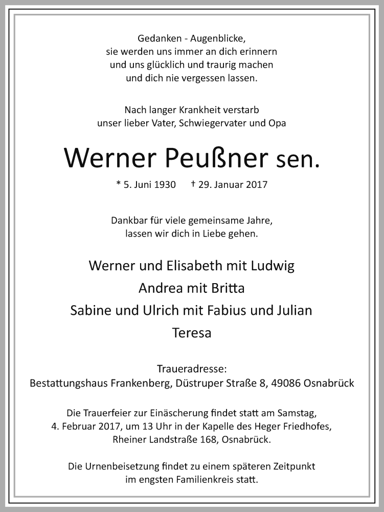  Traueranzeige für Werner Peußner vom 01.02.2017 aus Neue Osnabrücker Zeitung GmbH & Co. KG
