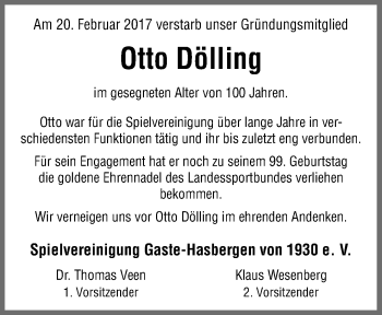 Traueranzeige von Otto Dölling von Neue Osnabrücker Zeitung GmbH & Co. KG
