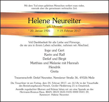 Traueranzeige von Helene Neureiter von Neue Osnabrücker Zeitung GmbH & Co. KG