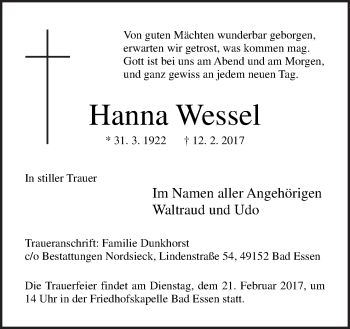 Traueranzeige von Hanna Wessel von Neue Osnabrücker Zeitung GmbH & Co. KG