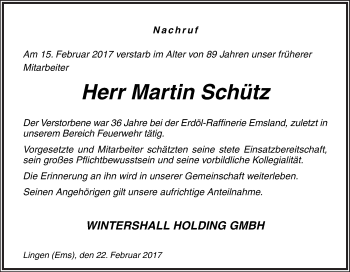 Traueranzeige von Martin Schütz von Neue Osnabrücker Zeitung GmbH & Co. KG