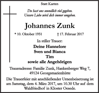 Traueranzeige von Johannes Zunk von Neue Osnabrücker Zeitung GmbH & Co. KG