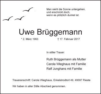 Traueranzeige von Uwe Brüggemann von Neue Osnabrücker Zeitung GmbH & Co. KG
