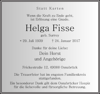 Traueranzeige von Helga Fisse von Neue Osnabrücker Zeitung GmbH & Co. KG