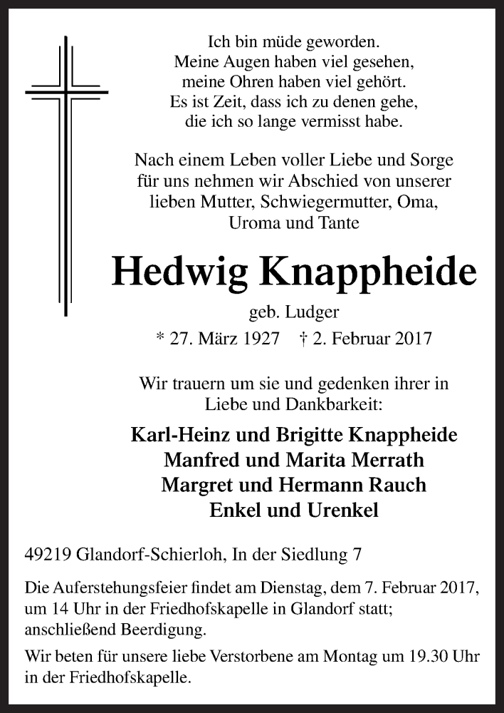  Traueranzeige für Hedwig Knappheide vom 04.02.2017 aus Neue Osnabrücker Zeitung GmbH & Co. KG