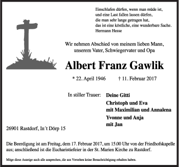 Traueranzeige von Albert Franz Gawlik von Neue Osnabrücker Zeitung GmbH & Co. KG