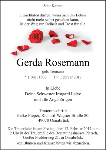 Traueranzeige von Gerda Rosemann von Neue Osnabrücker Zeitung GmbH & Co. KG