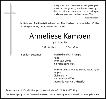 Traueranzeige von Anneliese Kampen von Neue Osnabrücker Zeitung GmbH & Co. KG
