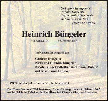Traueranzeige von Heinrich Büngeler von Neue Osnabrücker Zeitung GmbH & Co. KG