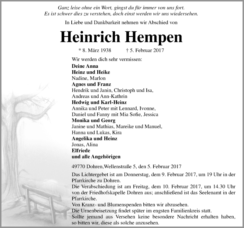  Traueranzeige für Heinrich Hempen vom 08.02.2017 aus Neue Osnabrücker Zeitung GmbH & Co. KG