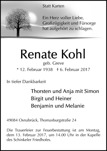 Traueranzeige von Renate Kohl von Neue Osnabrücker Zeitung GmbH & Co. KG