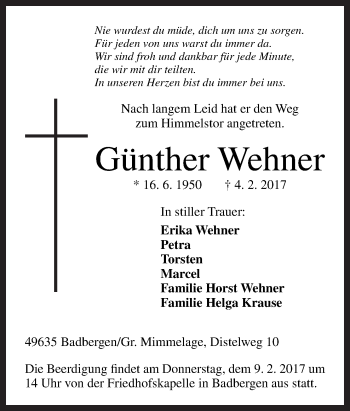 Traueranzeige von Günther Wehner von Neue Osnabrücker Zeitung GmbH & Co. KG