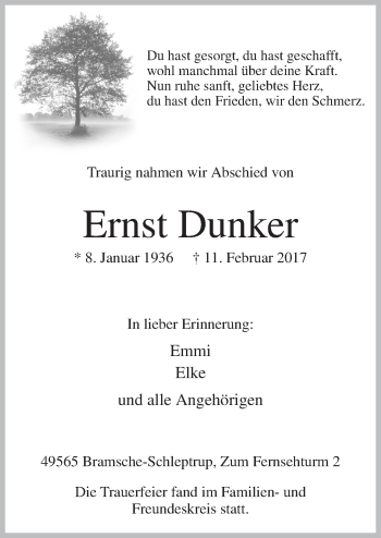 Traueranzeige von Ernst Dunker von Neue Osnabrücker Zeitung GmbH & Co. KG