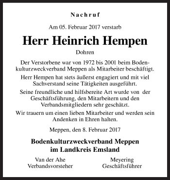 Traueranzeige von Heinrich Hempen von Neue Osnabrücker Zeitung GmbH & Co. KG