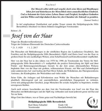 Traueranzeige von Josef  von der Haar von Neue Osnabrücker Zeitung GmbH & Co. KG