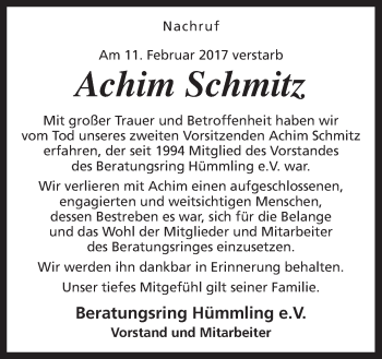 Traueranzeige von Achim Schmitz von Neue Osnabrücker Zeitung GmbH & Co. KG