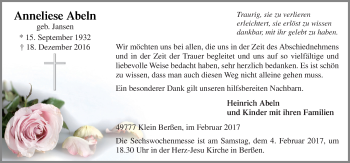 Traueranzeige von Anneliese Abeln von Neue Osnabrücker Zeitung GmbH & Co. KG