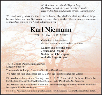 Traueranzeige von Karl Niemann von Neue Osnabrücker Zeitung GmbH & Co. KG
