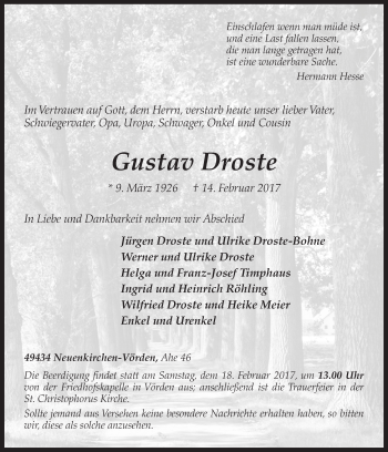 Traueranzeige von Gustav Droste von Neue Osnabrücker Zeitung GmbH & Co. KG